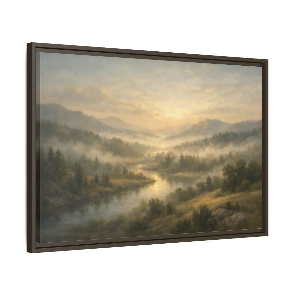 Side Mockup 11. Nature River Valley Misty River Landscape shown as stretched canvas wall art