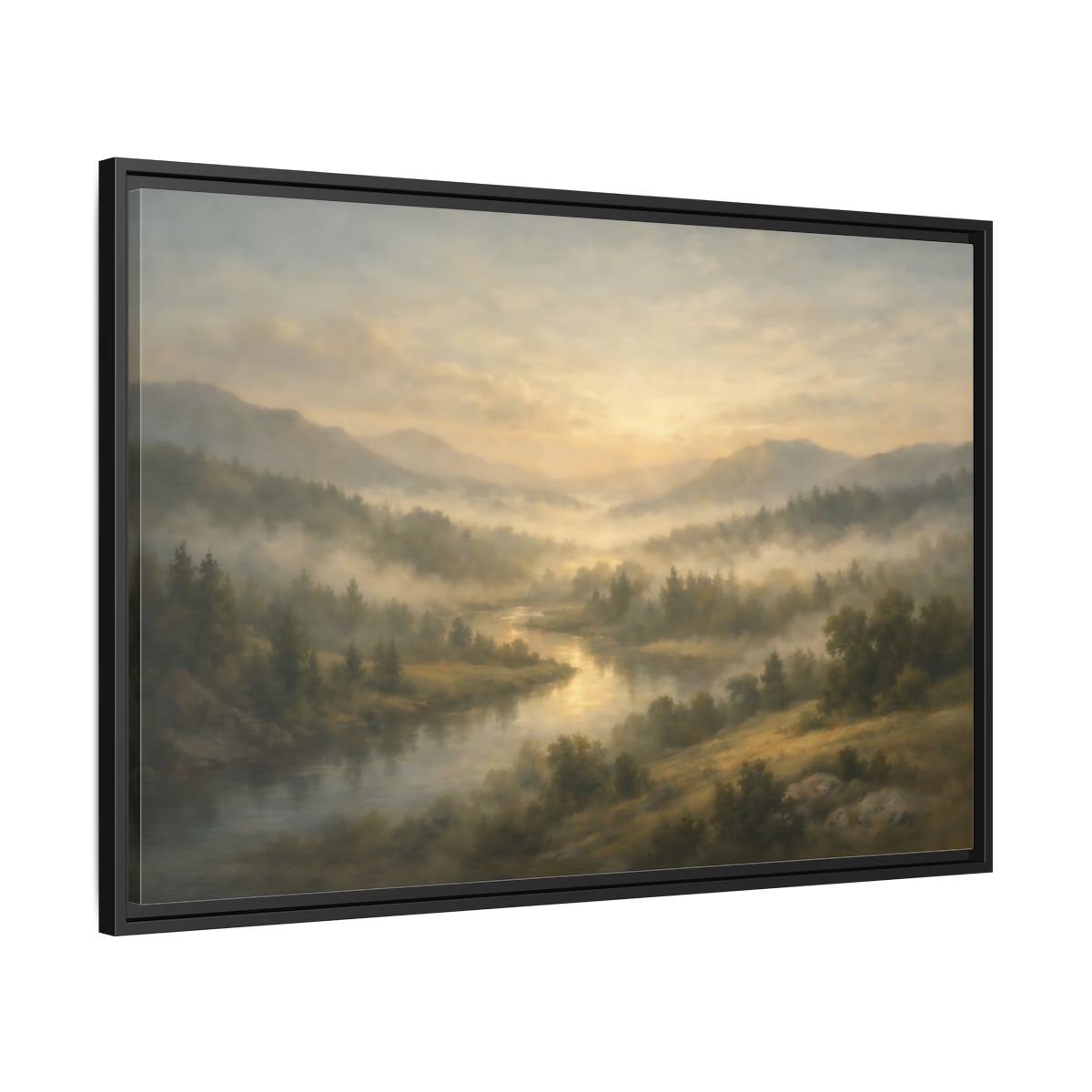 Side Mockup 13. Nature River Valley Misty River Landscape shown as stretched canvas wall art