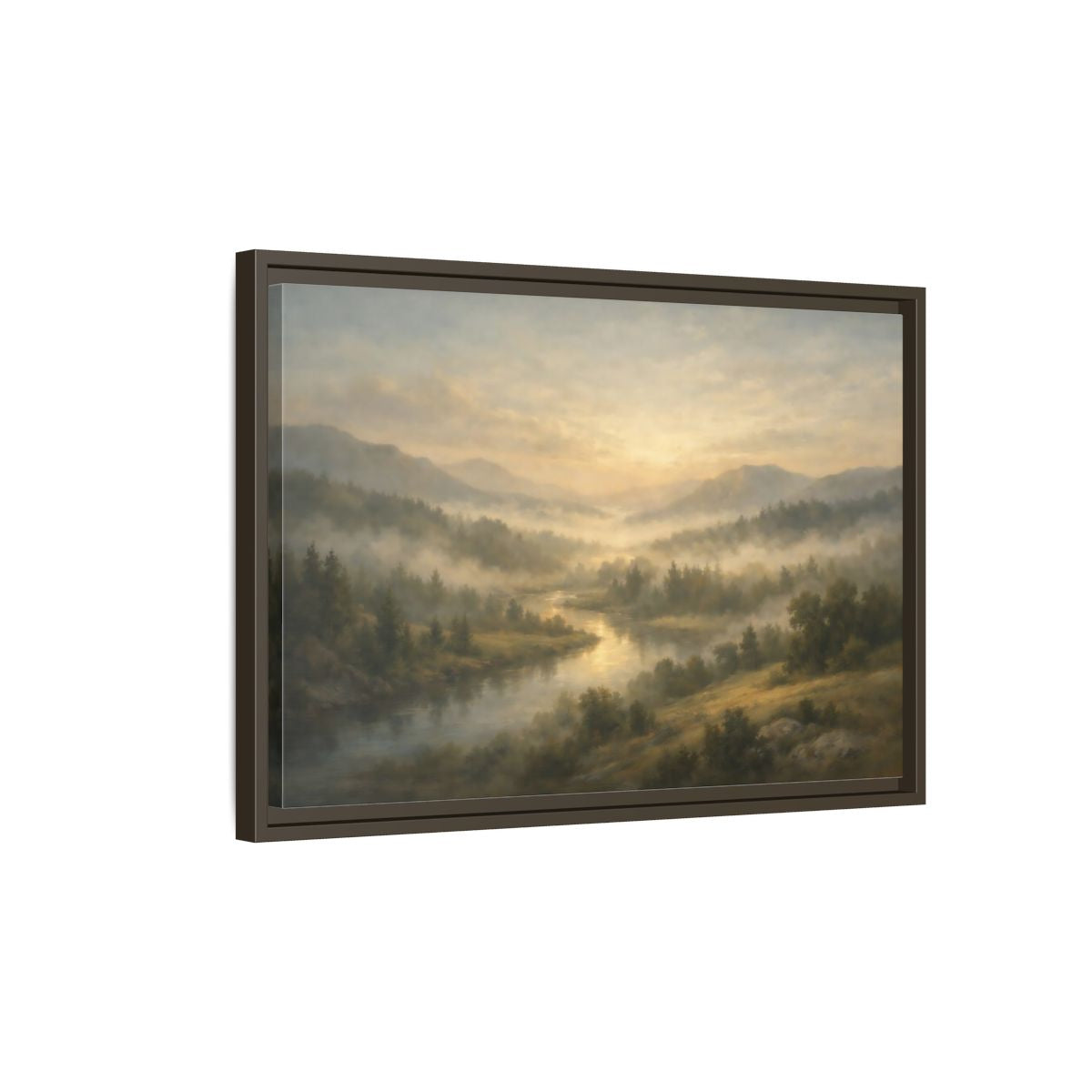 Side Mockup 2. Nature River Valley Misty River Landscape shown as stretched canvas wall art