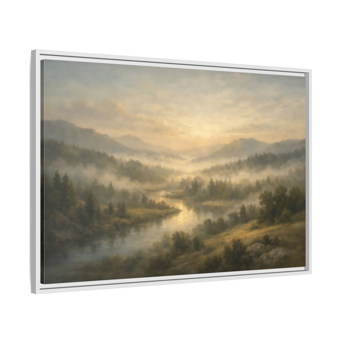 Side Mockup 8. Nature River Valley Misty River Landscape shown as stretched canvas wall art
