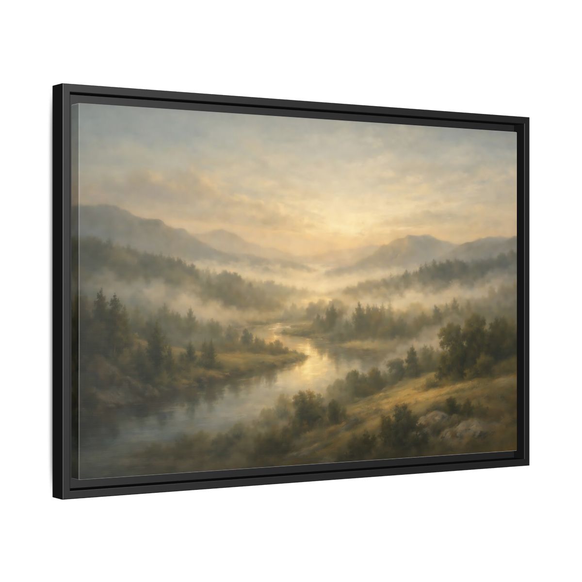 Side Mockup 14. Nature River Valley Misty River Landscape shown as stretched canvas wall art