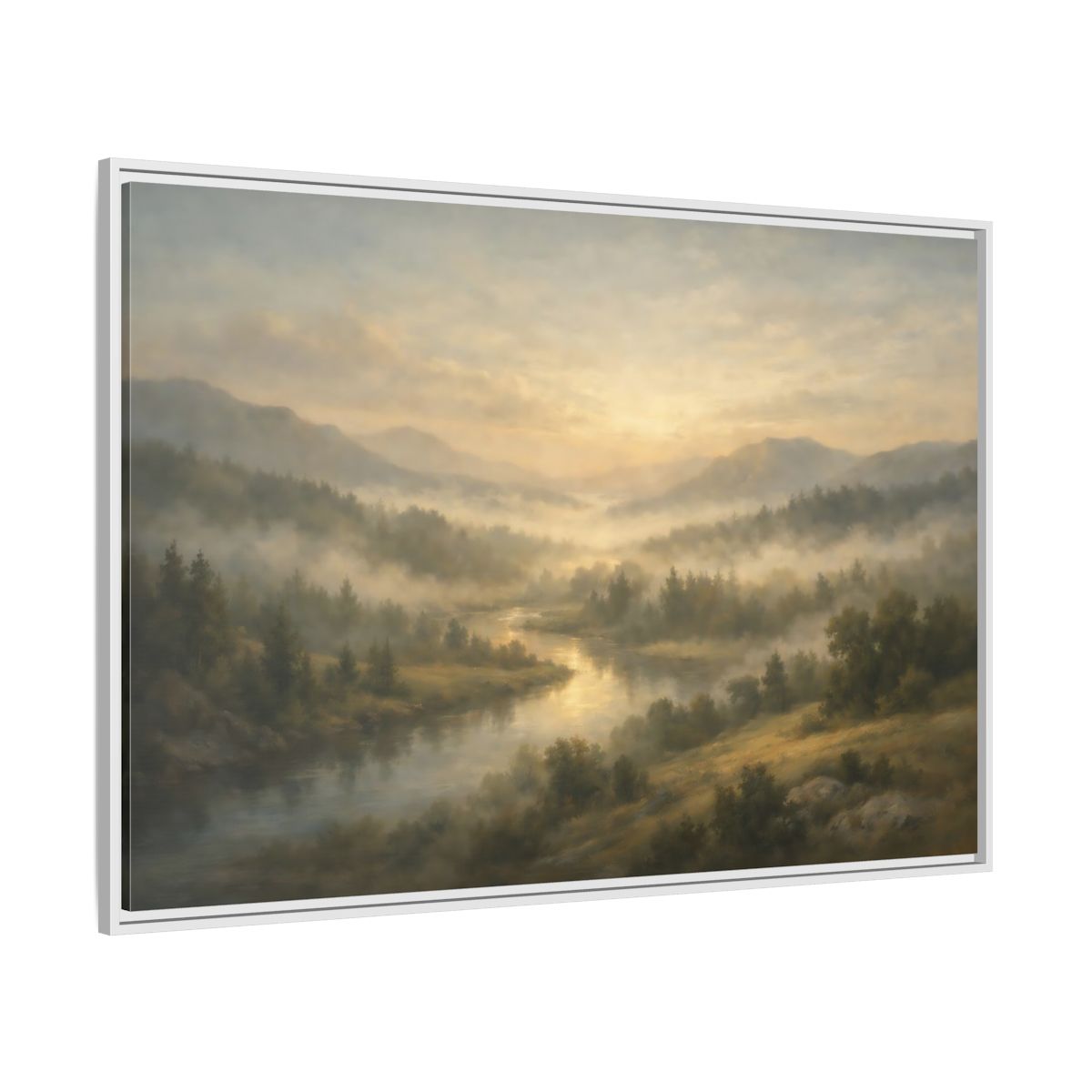 Side Mockup 7. Nature River Valley Misty River Landscape shown as stretched canvas wall art