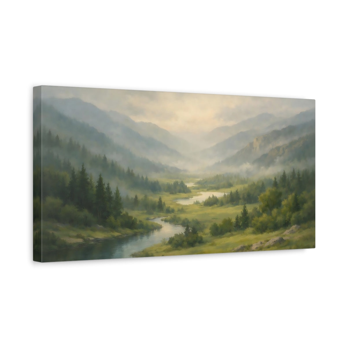 Side Mockup 3. Nature River Valley Misty Mountain River shown as stretched canvas wall art