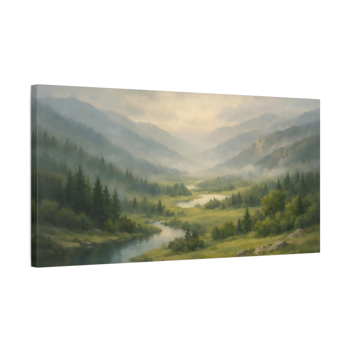Side Mockup 2. Nature River Valley Misty Mountain River shown as stretched canvas wall art