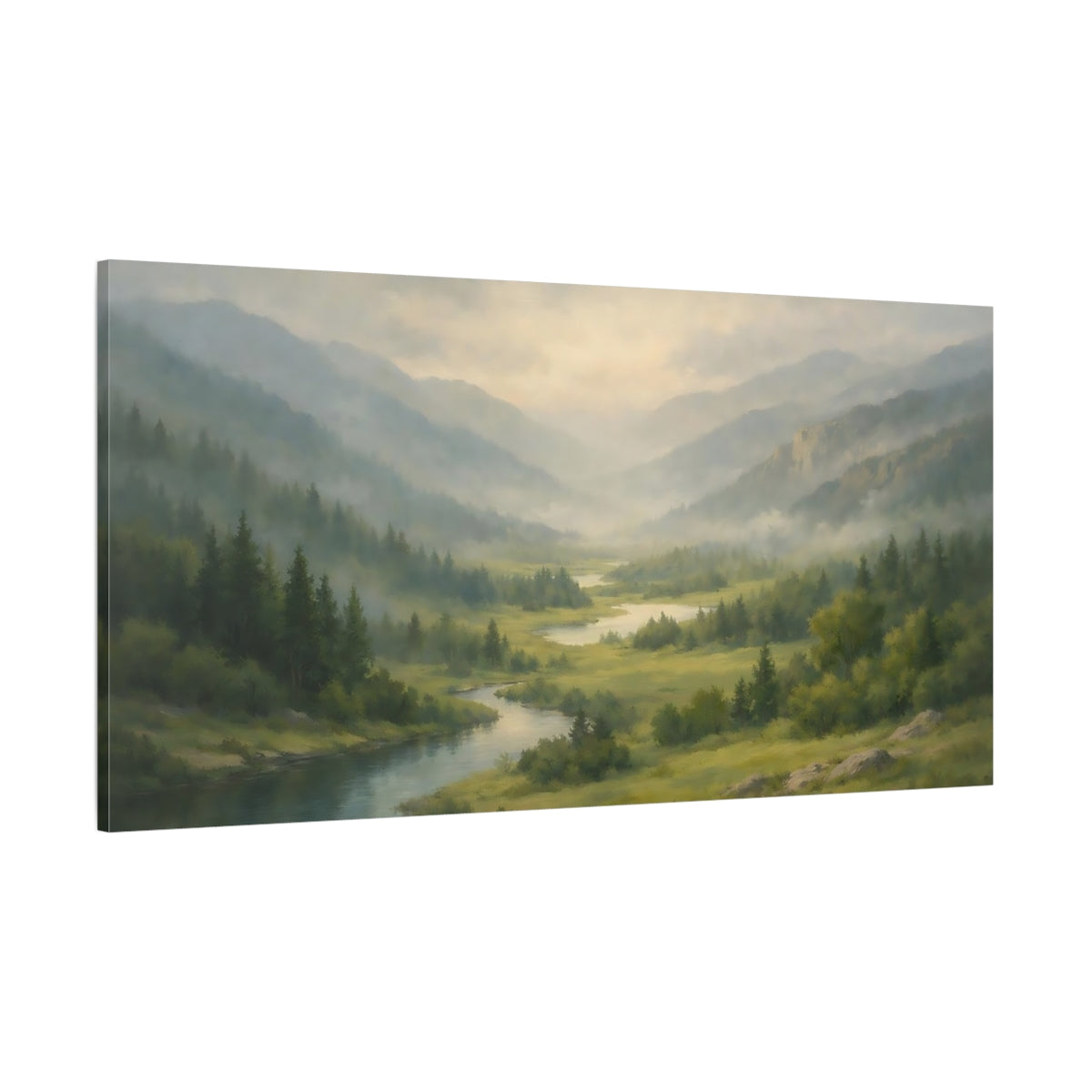 Main Mockup. Nature River Valley Misty Mountain River shown as stretched canvas wall art