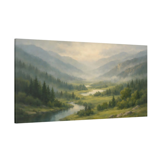 Main Mockup. Nature River Valley Misty Mountain River shown as stretched canvas wall art