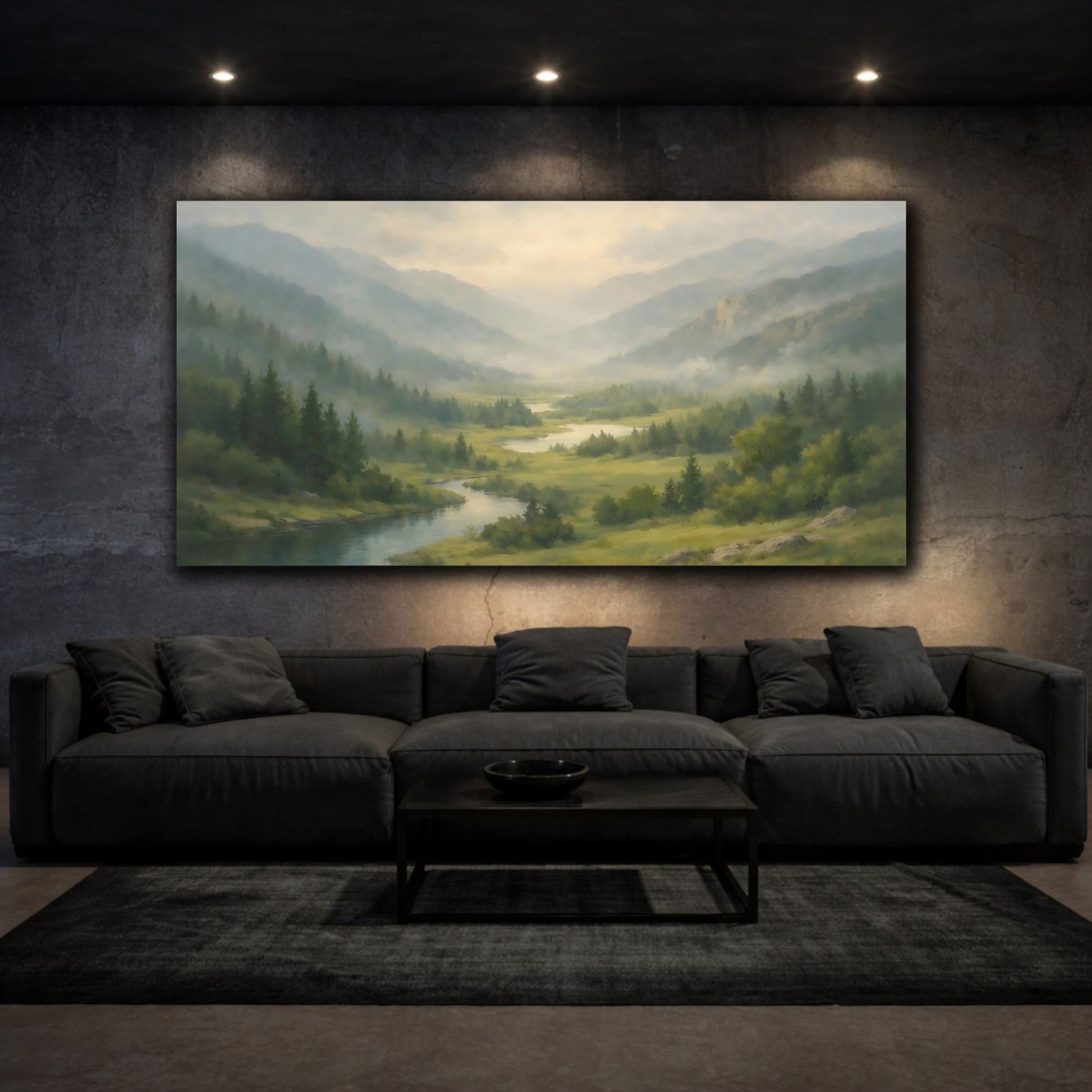 Mockup 2. Nature River Valley Misty Mountain River shown as stretched canvas wall art