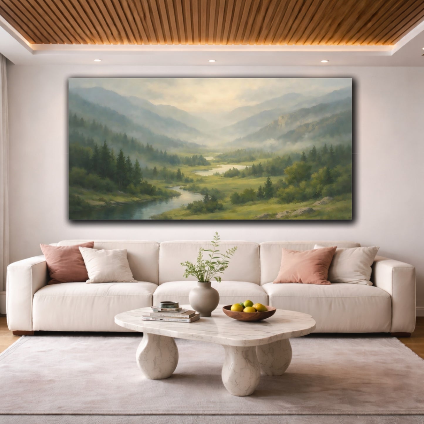 Mockup 3. Nature River Valley Misty Mountain River shown as stretched canvas wall art