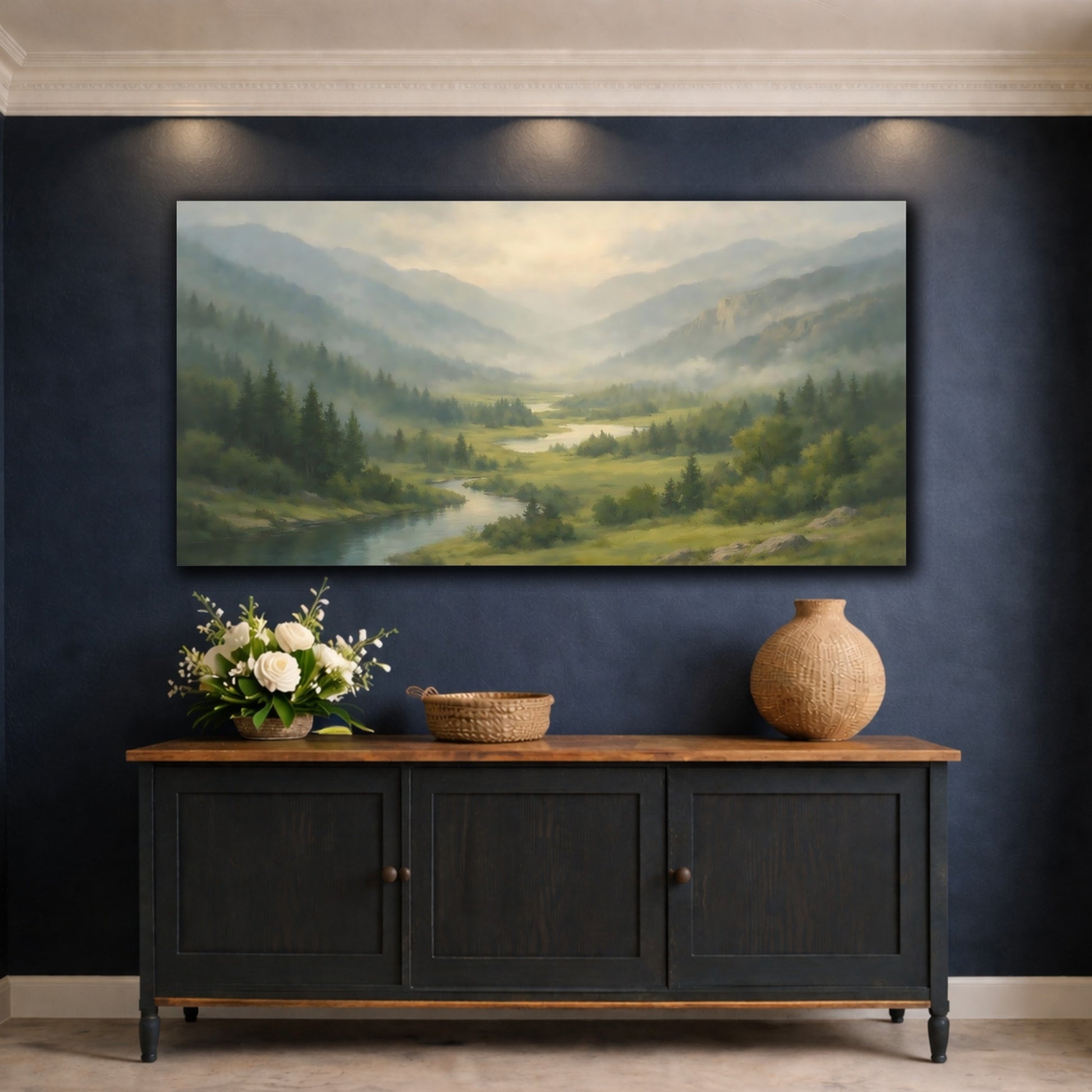 Mockup 4. Nature River Valley Misty Mountain River shown as stretched canvas wall art
