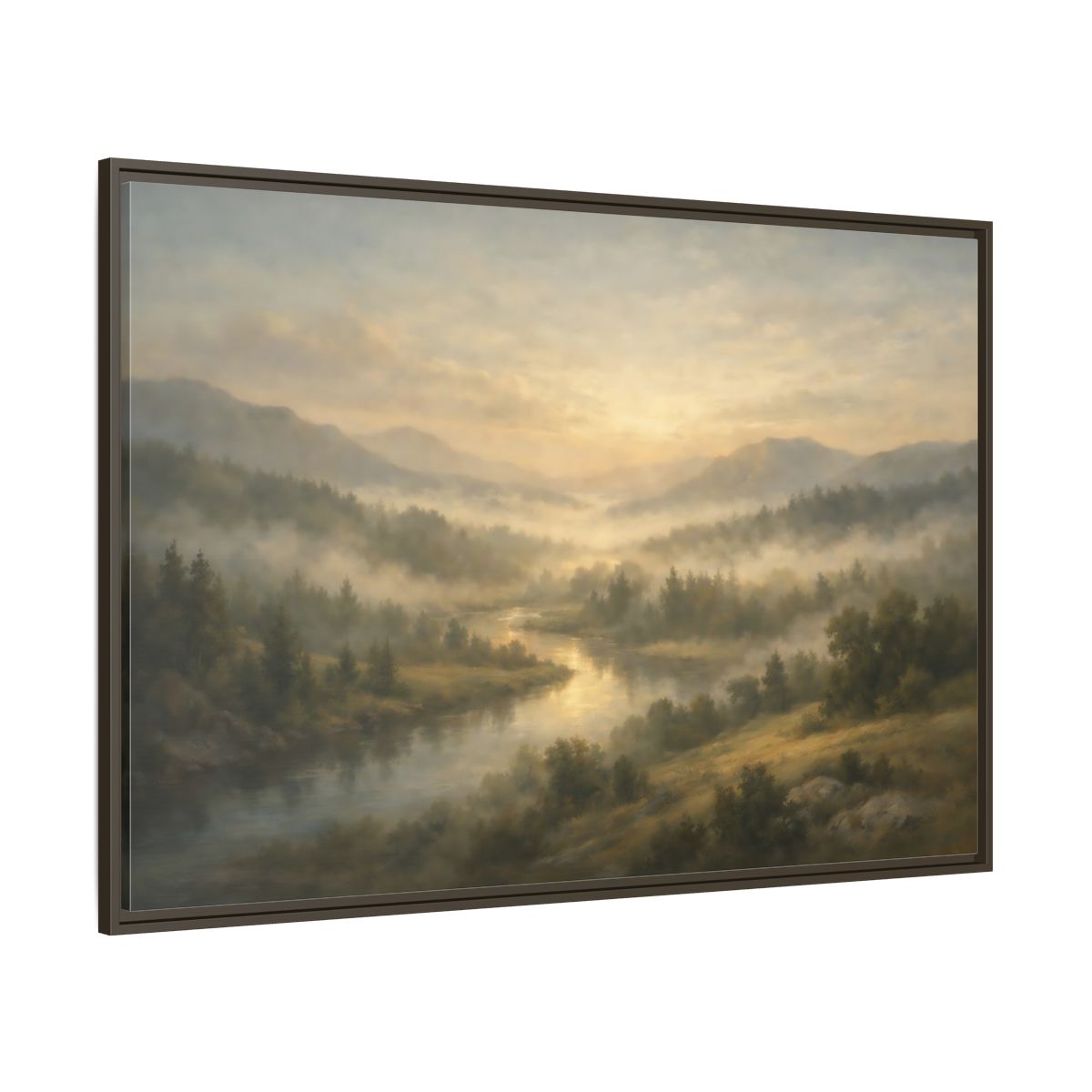 Main Mockup. Nature River Valley Misty River Landscape shown as stretched canvas wall art