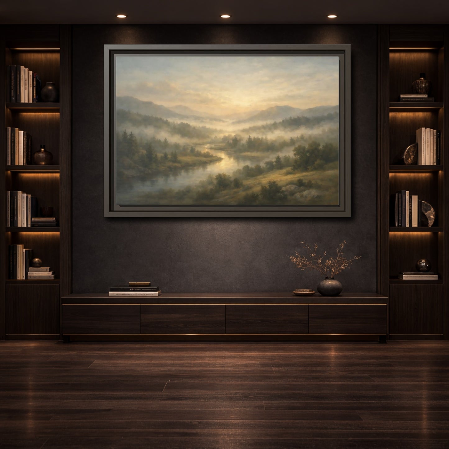 Mockup 3. Nature River Valley Misty River Landscape shown as stretched canvas wall art