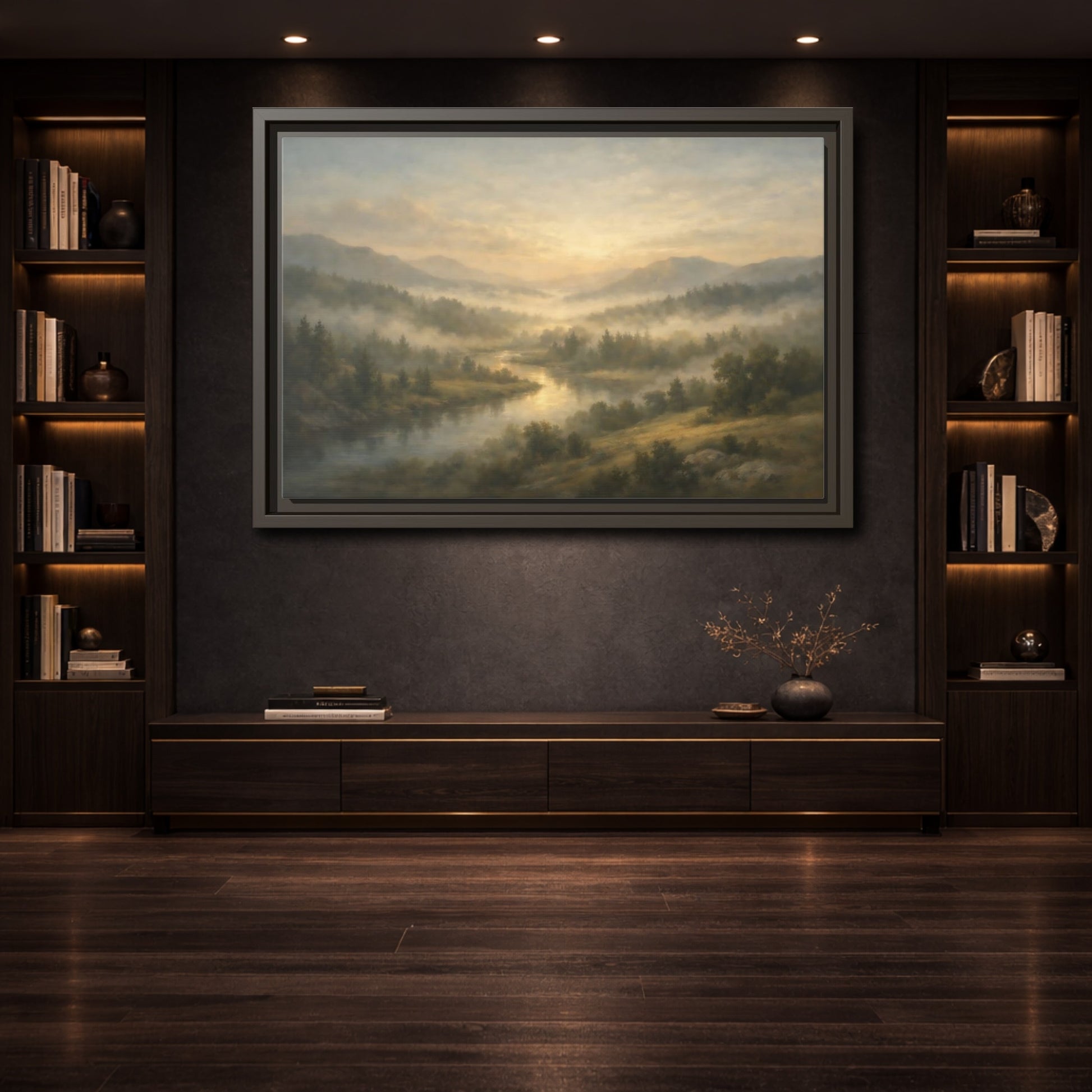 Mockup 3. Nature River Valley Misty River Landscape shown as stretched canvas wall art