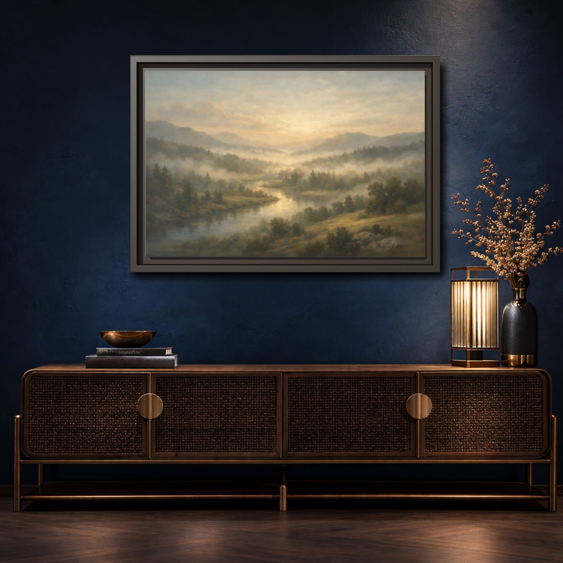Mockup 4. Nature River Valley Misty River Landscape shown as stretched canvas wall art
