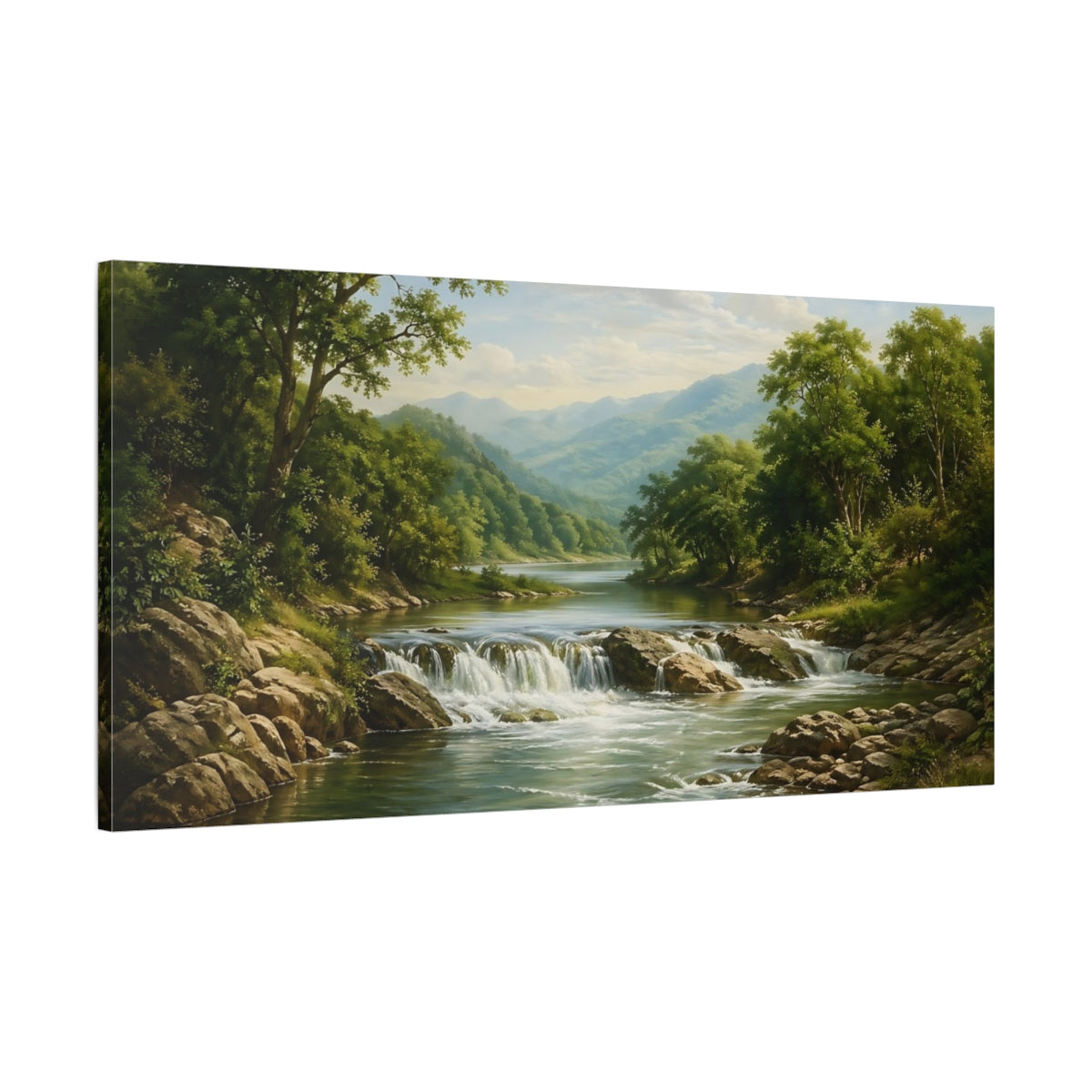 Main Mockup. Nature River Waterfall Green Landscape shown as stretched canvas wall art