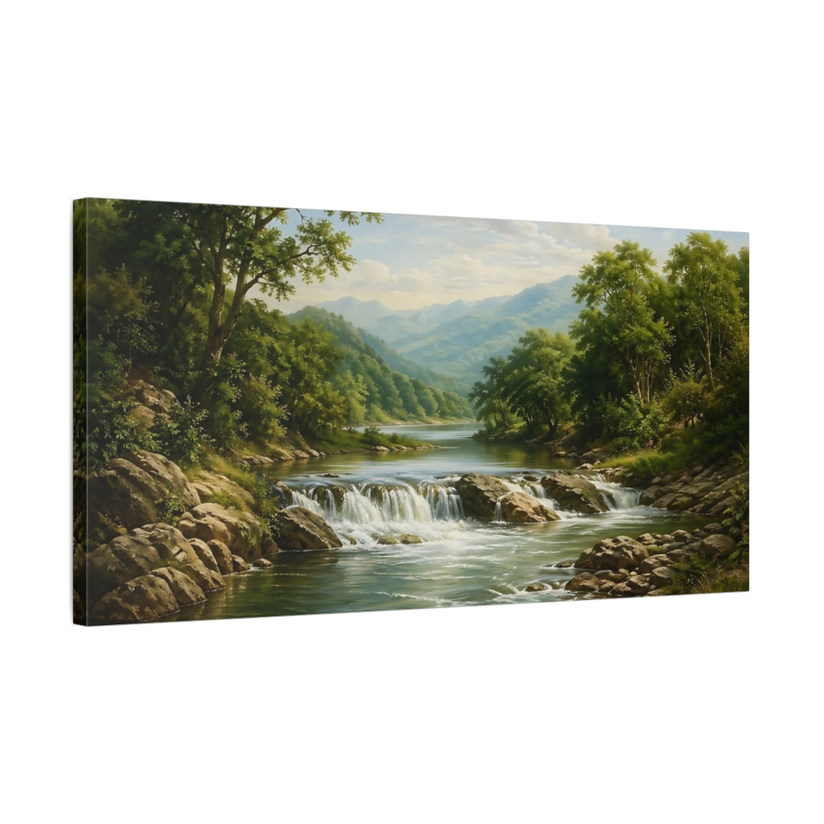 Side Mockup 1. Nature River Waterfall Green Landscape shown as stretched canvas wall art