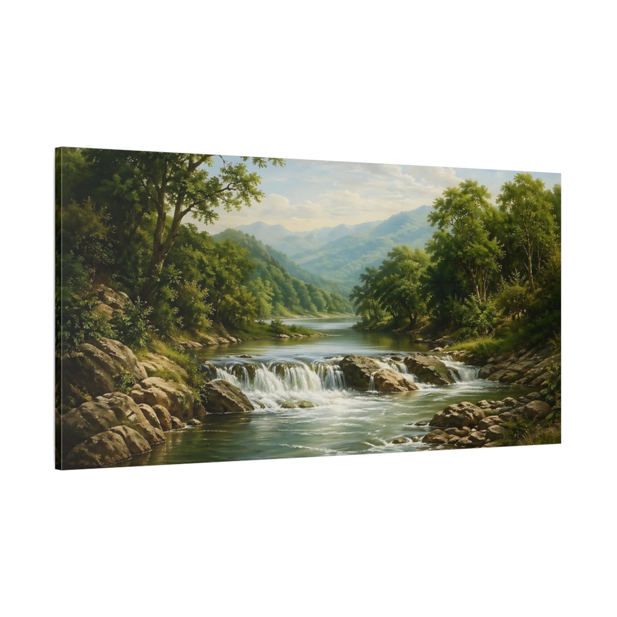 Side Mockup 2. Nature River Waterfall Green Landscape shown as stretched canvas wall art