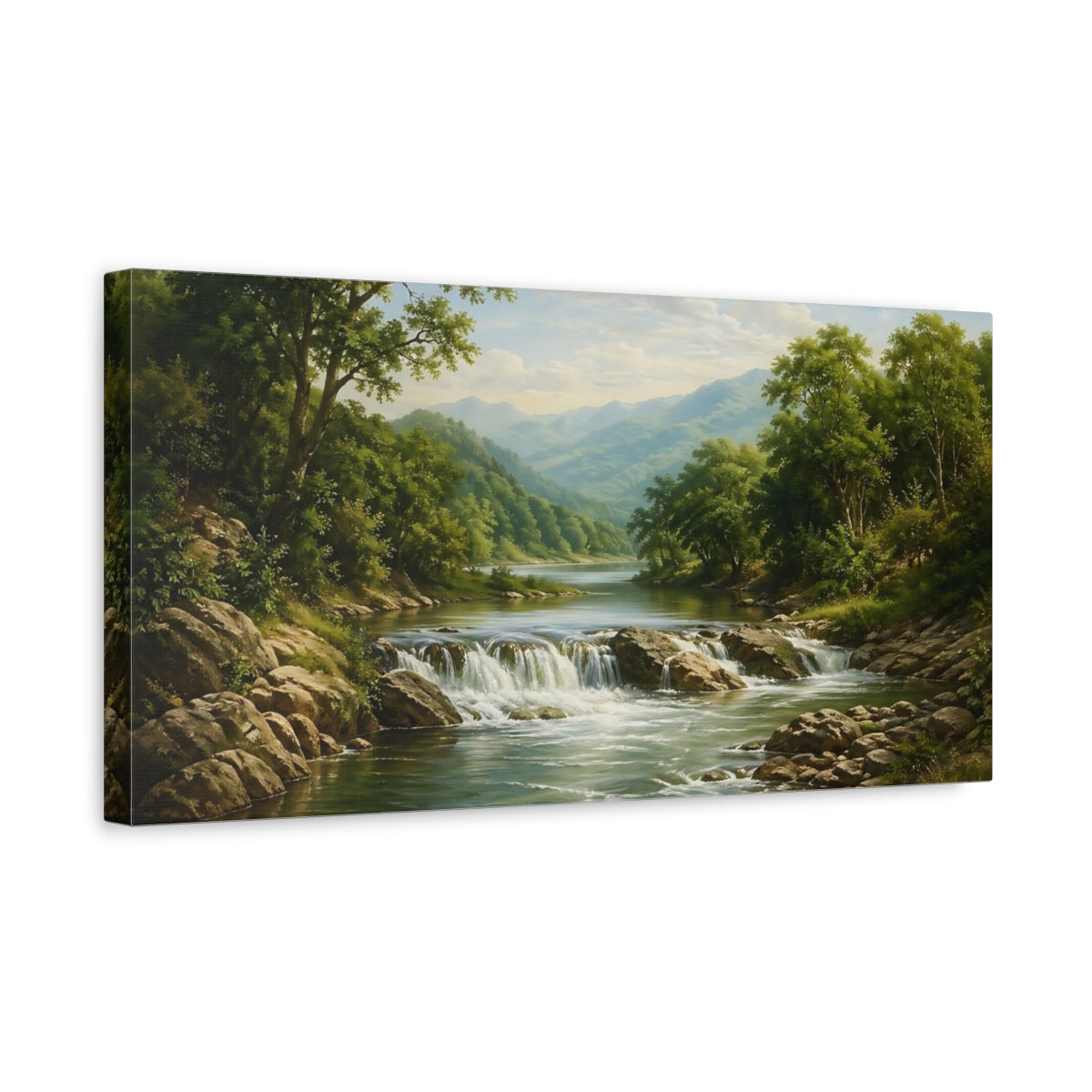 Side Mockup 3. Nature River Waterfall Green Landscape shown as stretched canvas wall art