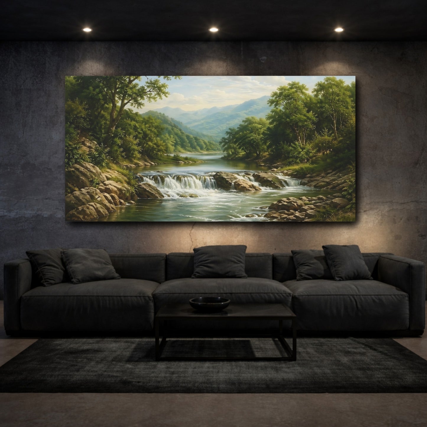 Mockup 2. Nature River Waterfall Green Landscape shown as stretched canvas wall art