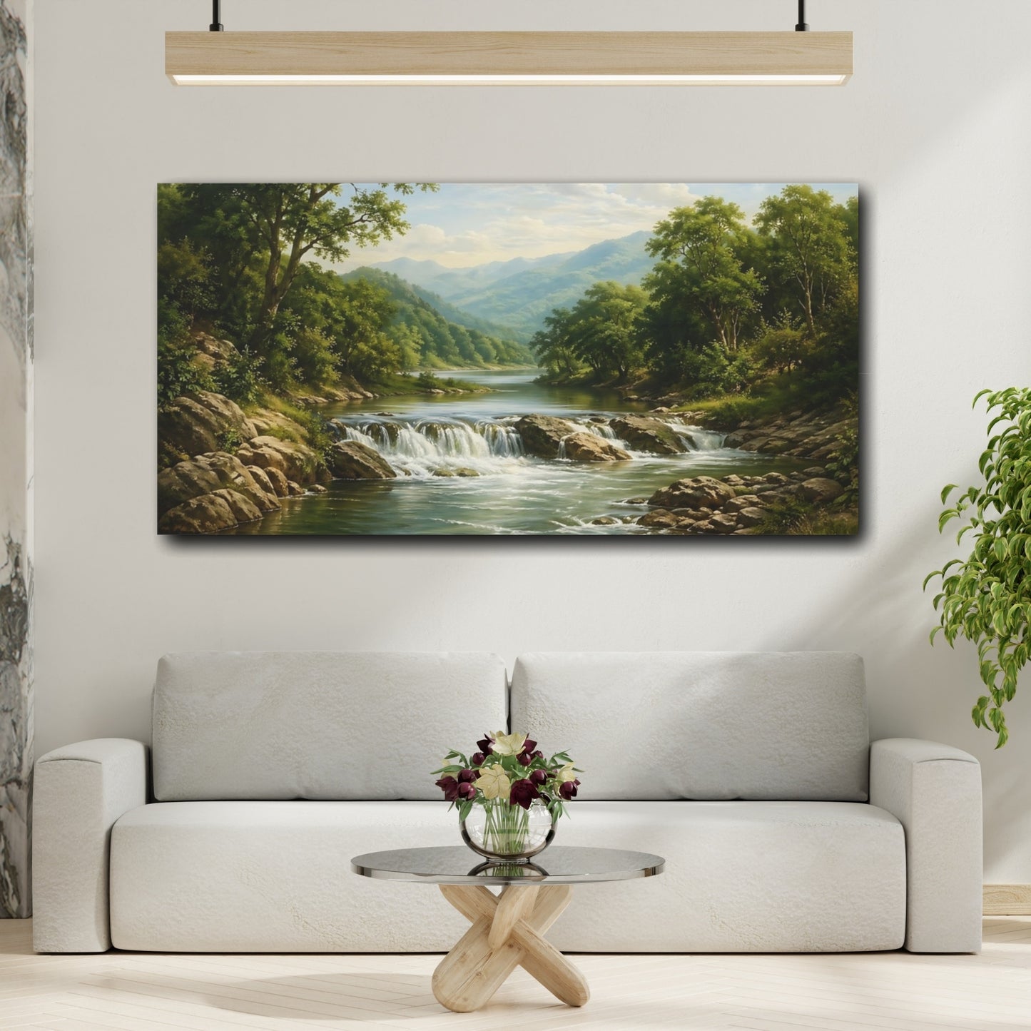 Mockup 3. Nature River Waterfall Green Landscape shown as stretched canvas wall art