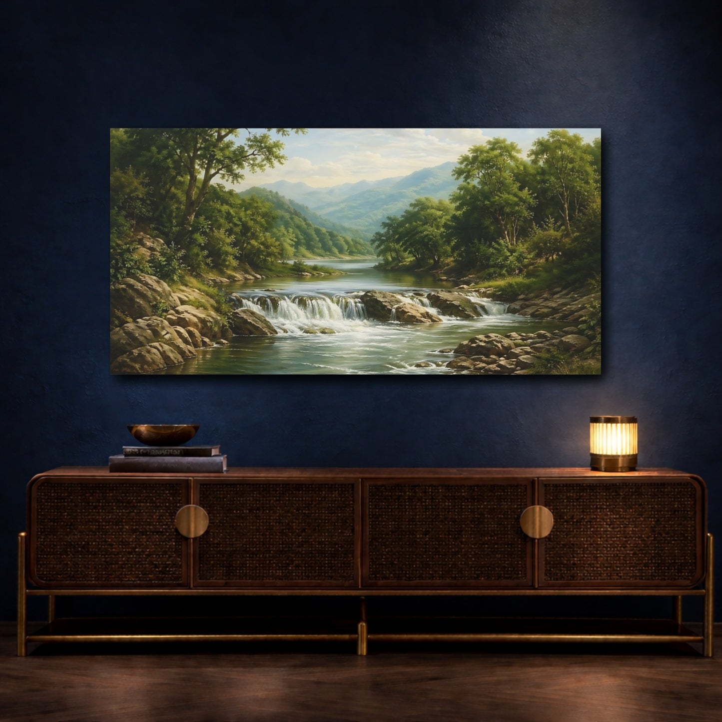 Mockup 4. Nature River Waterfall Green Landscape shown as stretched canvas wall art