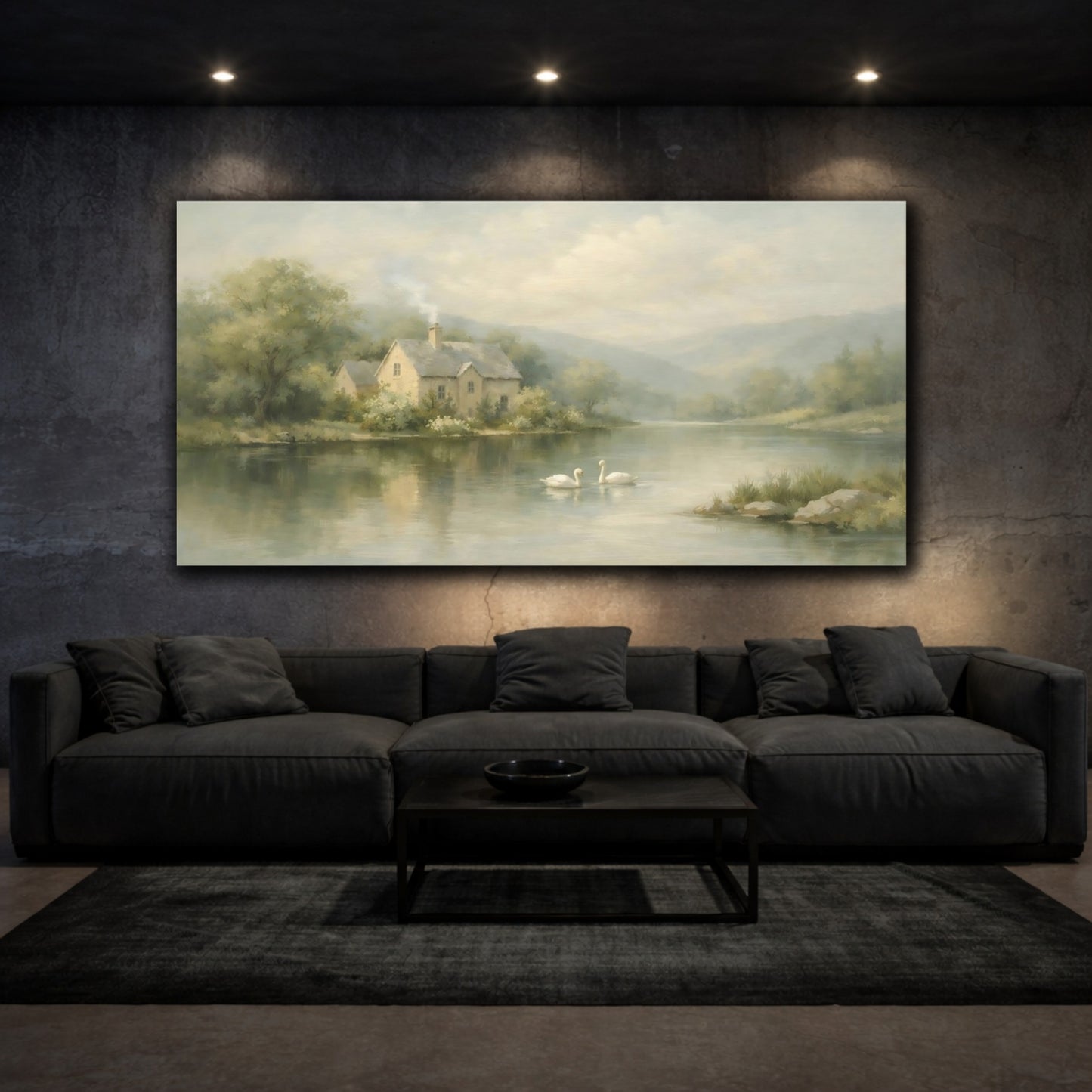 Mockup 2. Nature Riverside House Soft Green Landscape shown as stretched canvas wall art