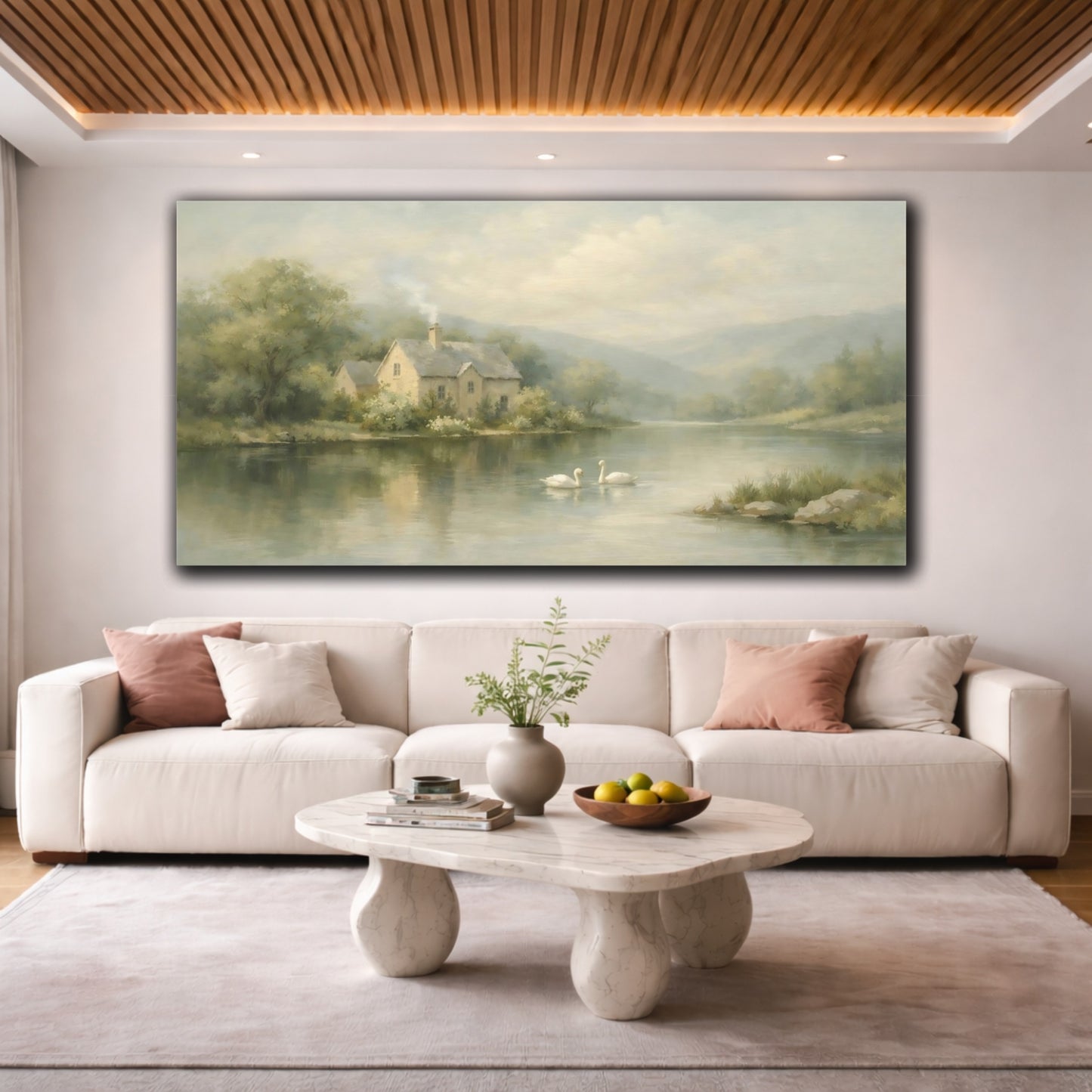 Mockup 3. Nature Riverside House Soft Green Landscape shown as stretched canvas wall art
