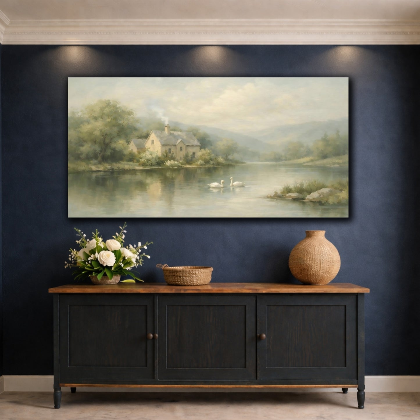 Mockup 4. Nature Riverside House Soft Green Landscape shown as stretched canvas wall art