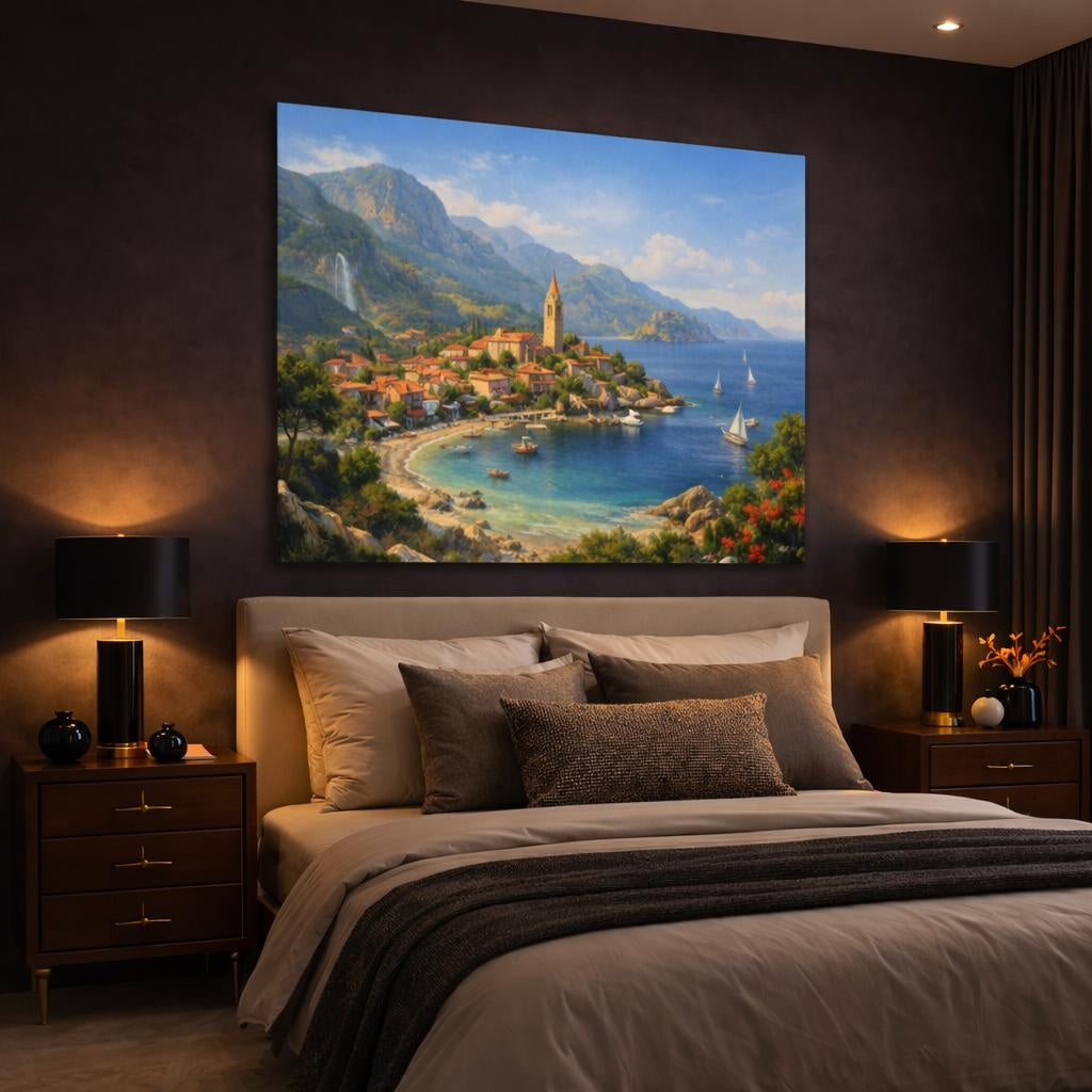Nature Riviera Village shown as canvas wall art in a luxury bedroom