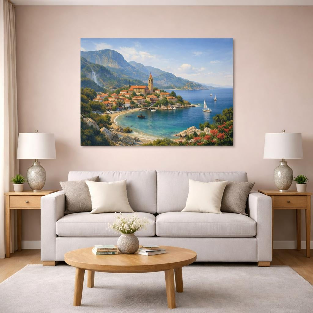 Nature Riviera Village shown as canvas wall art in a modern living room