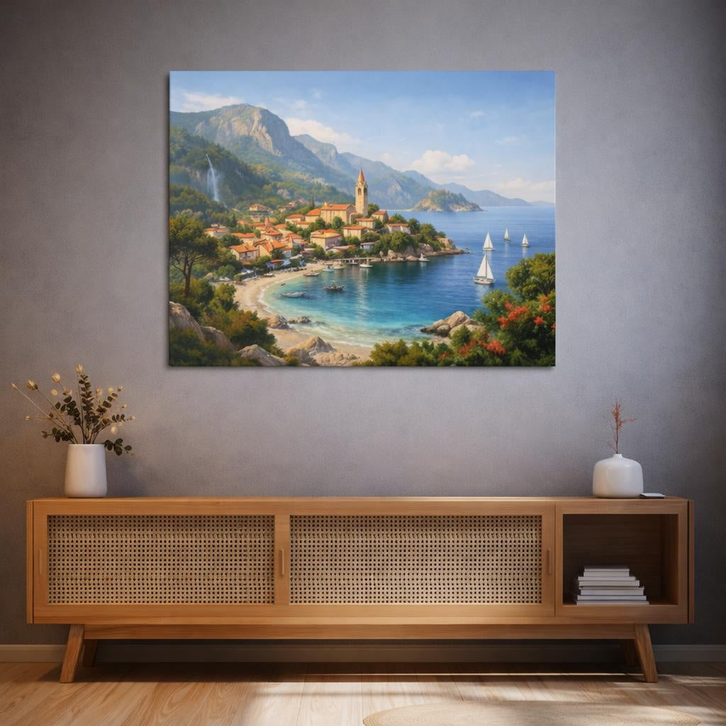 Nature Riviera Village shown as canvas wall art in a refined dining room