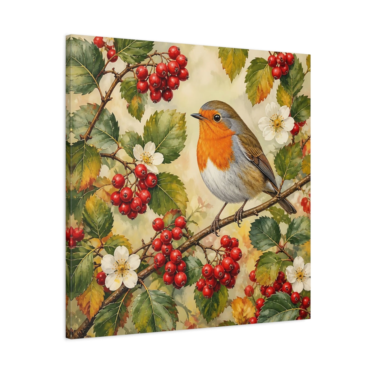 Side Mockup 3. Nature Robin Robin Red Berries shown as stretched canvas wall art