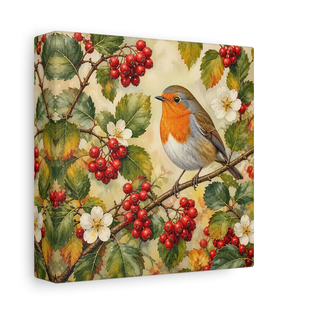 Side Mockup 2. Nature Robin Robin Red Berries shown as stretched canvas wall art