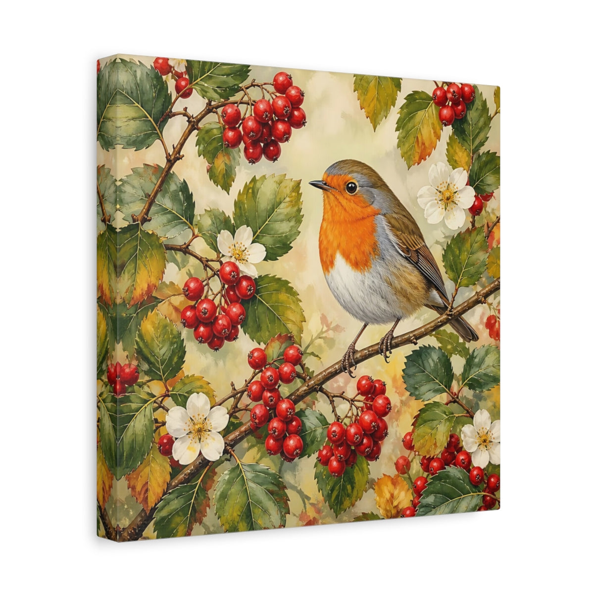 Side Mockup 8. Nature Robin Robin Red Berries shown as stretched canvas wall art