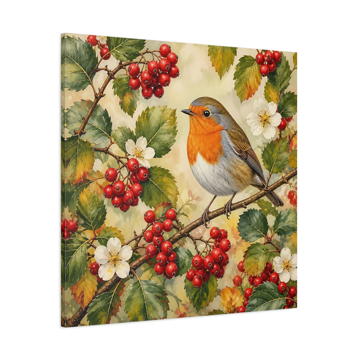 Side Mockup 1. Nature Robin Robin Red Berries shown as stretched canvas wall art