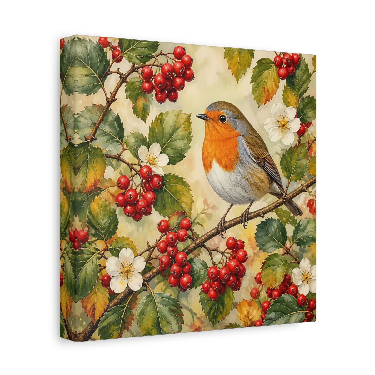 Side Mockup 9. Nature Robin Robin Red Berries shown as stretched canvas wall art