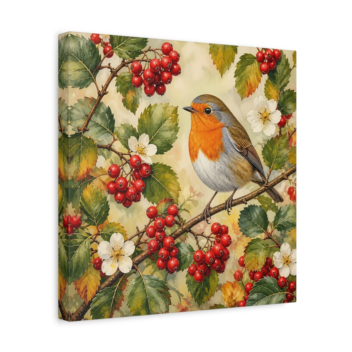 Side Mockup 7. Nature Robin Robin Red Berries shown as stretched canvas wall art
