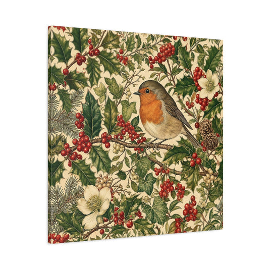 Main Mockup. Nature Robin Red Green Vintage shown as stretched canvas wall art