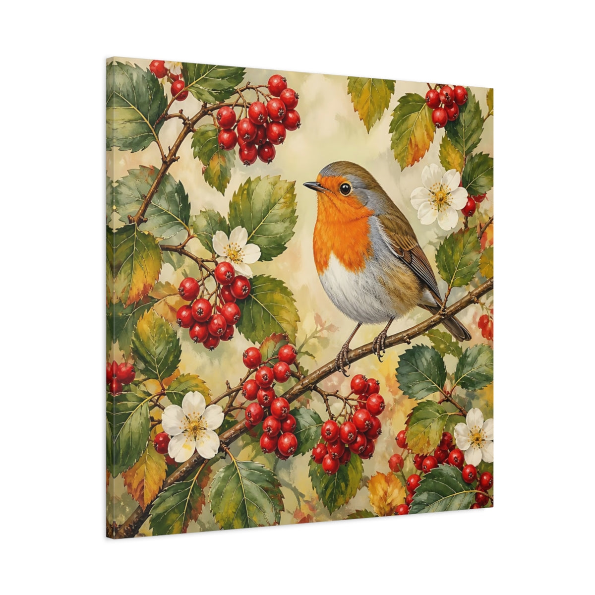 Main Mockup. Nature Robin Robin Red Berries shown as stretched canvas wall art