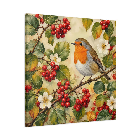 Main Mockup. Nature Robin Robin Red Berries shown as stretched canvas wall art