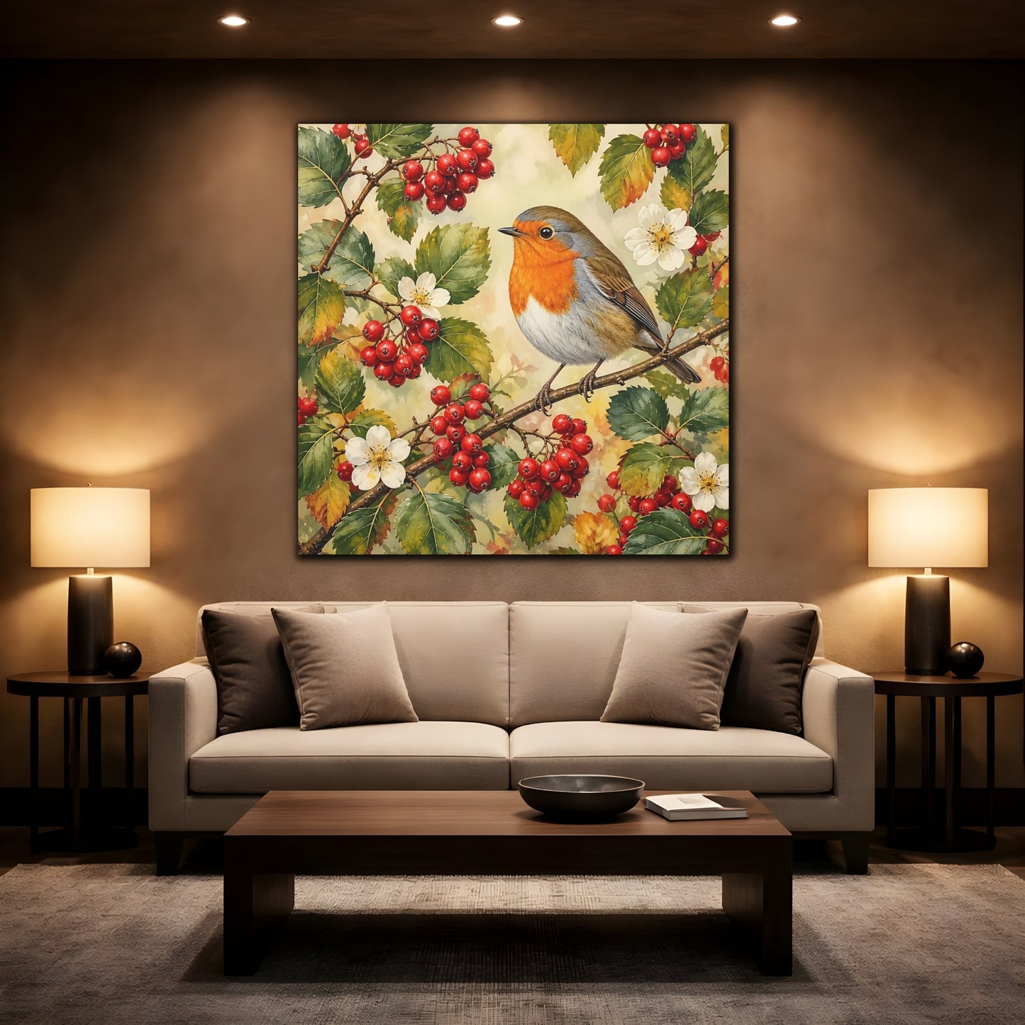 Mockup 2. Nature Robin Robin Red Berries shown as stretched canvas wall art