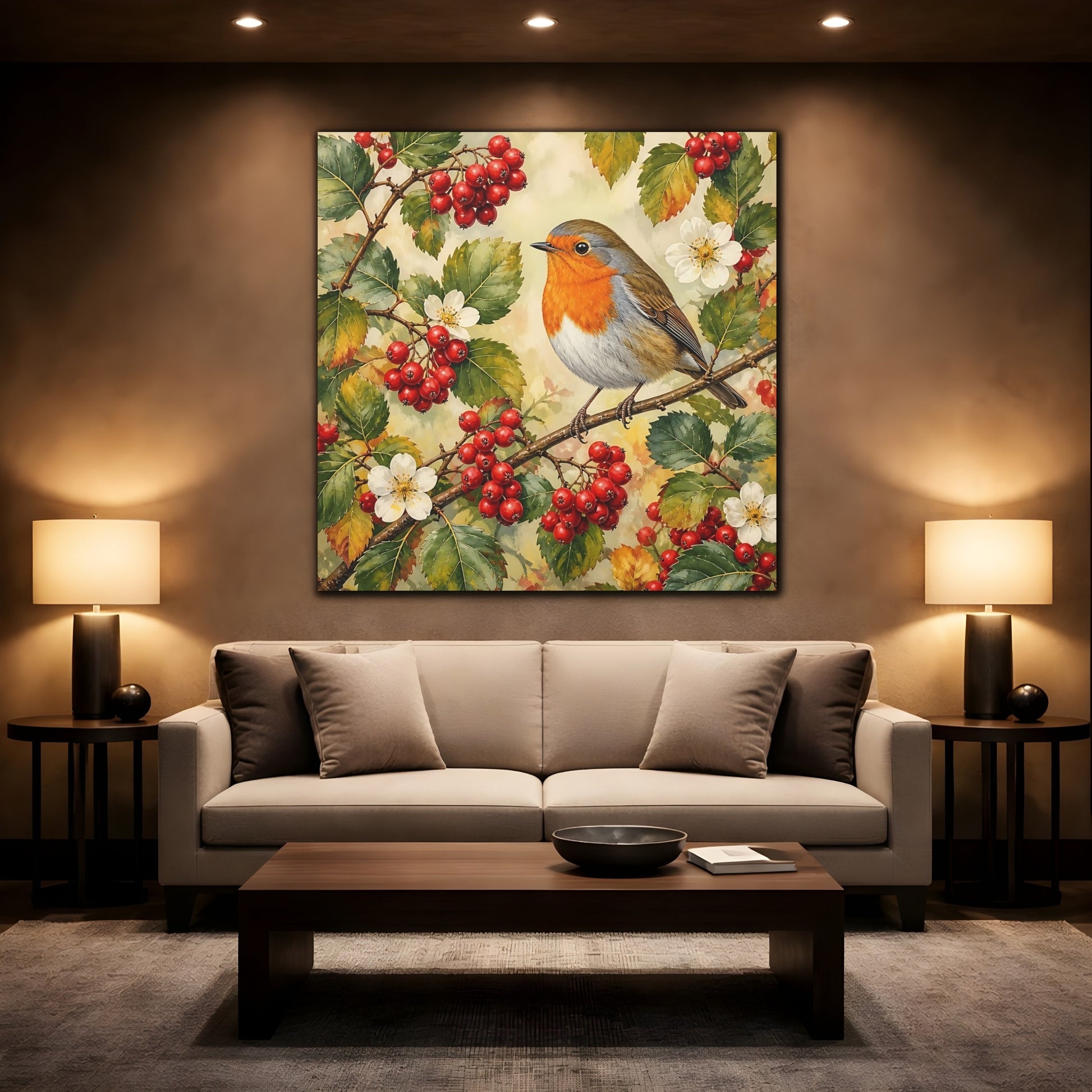 Mockup 2. Nature Robin Robin Red Berries shown as stretched canvas wall art