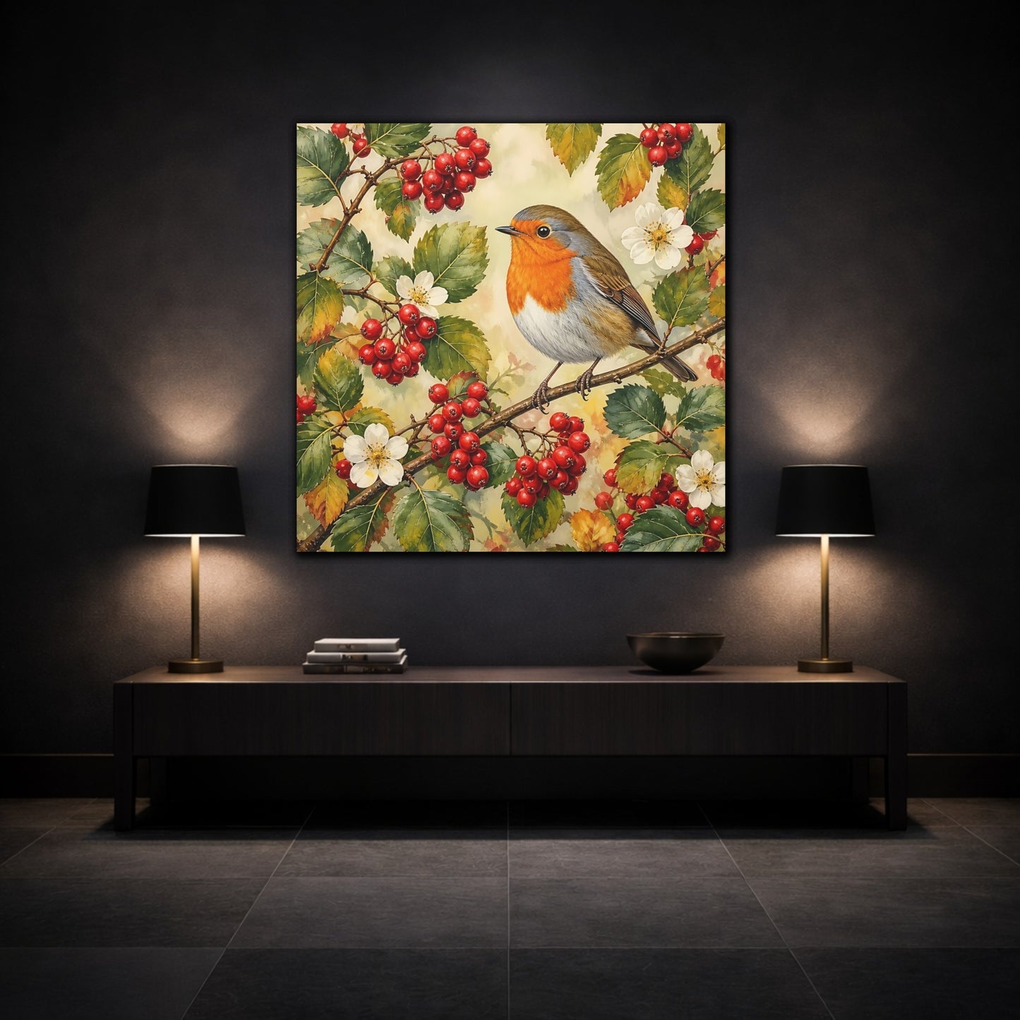 Mockup 3. Nature Robin Robin Red Berries shown as stretched canvas wall art