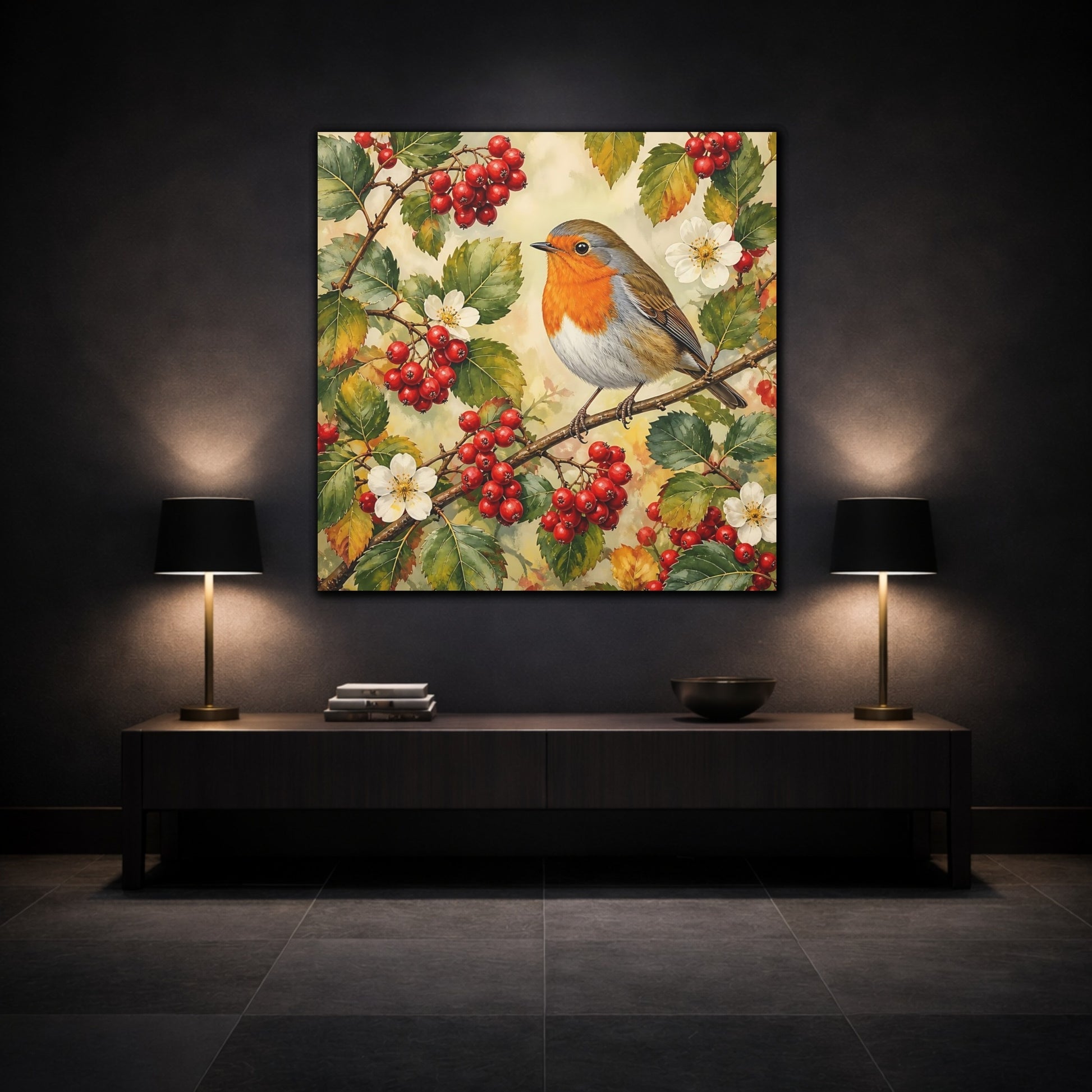 Mockup 3. Nature Robin Robin Red Berries shown as stretched canvas wall art