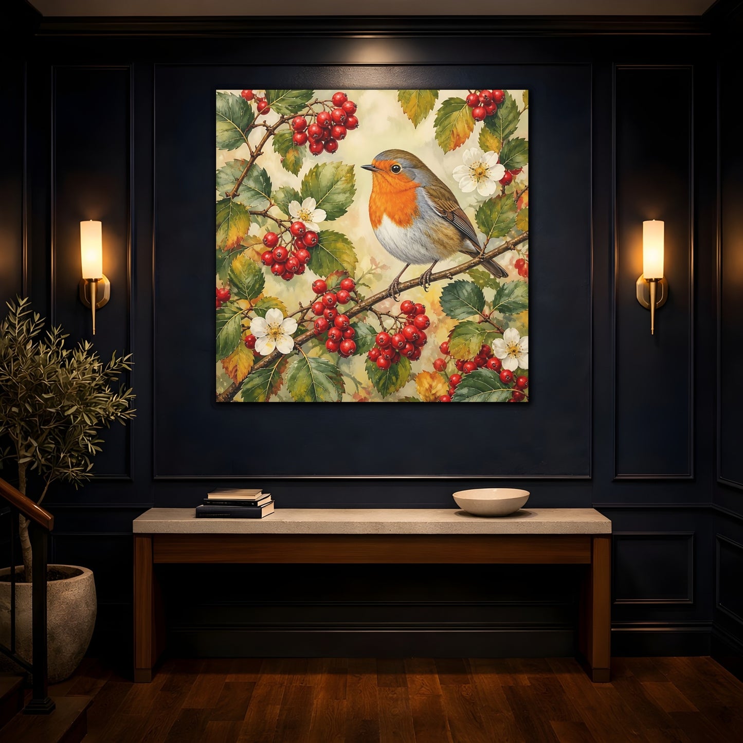 Mockup 4. Nature Robin Robin Red Berries shown as stretched canvas wall art