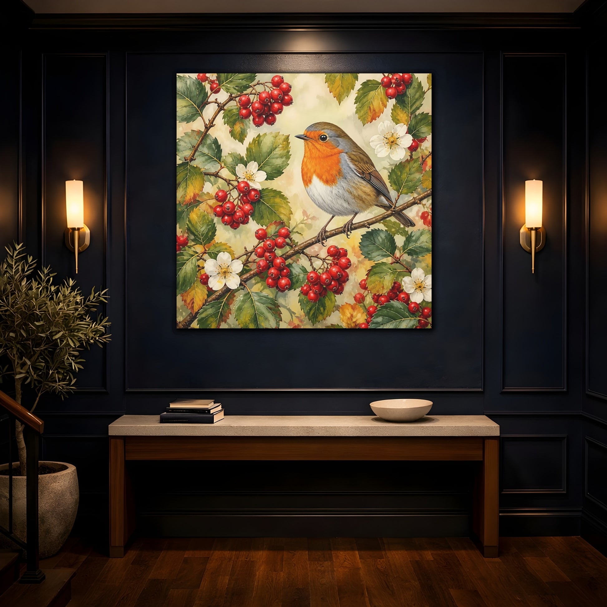 Mockup 4. Nature Robin Robin Red Berries shown as stretched canvas wall art