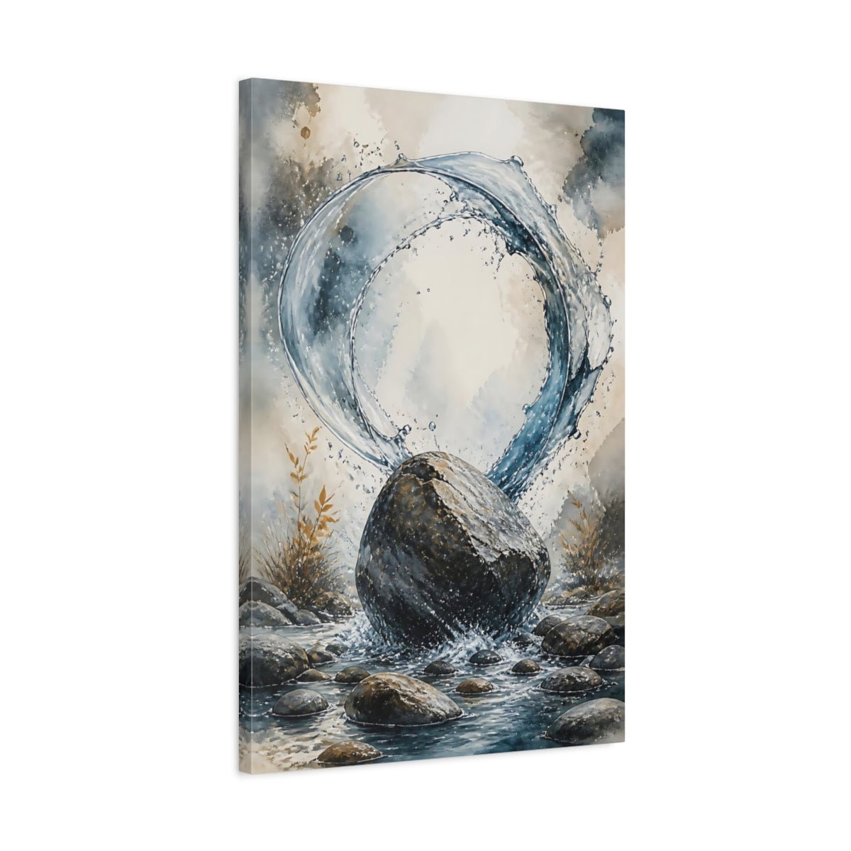 Nature Rock And Water Splash Canvas Wall Art Print – Watercolor Living Room, Above Sofa - YesArtYes