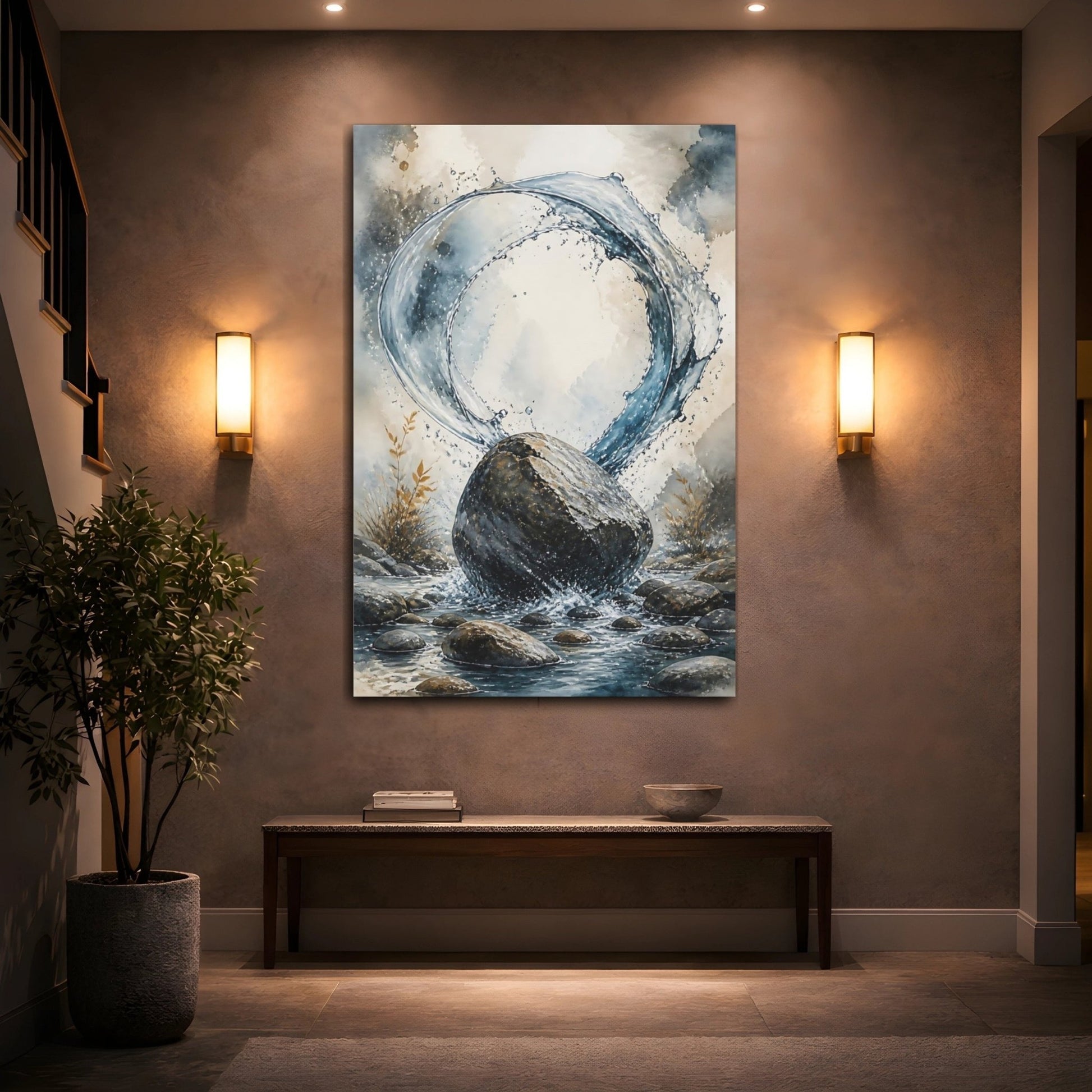 Nature Rock And Water Splash Canvas Wall Art Print – Watercolor Living Room, Above Sofa - YesArtYes
