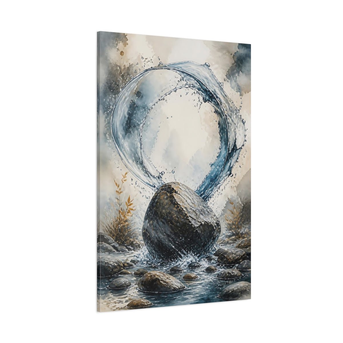 Nature Rock And Water Splash Canvas Wall Art Print – Watercolor Living Room, Above Sofa - YesArtYes