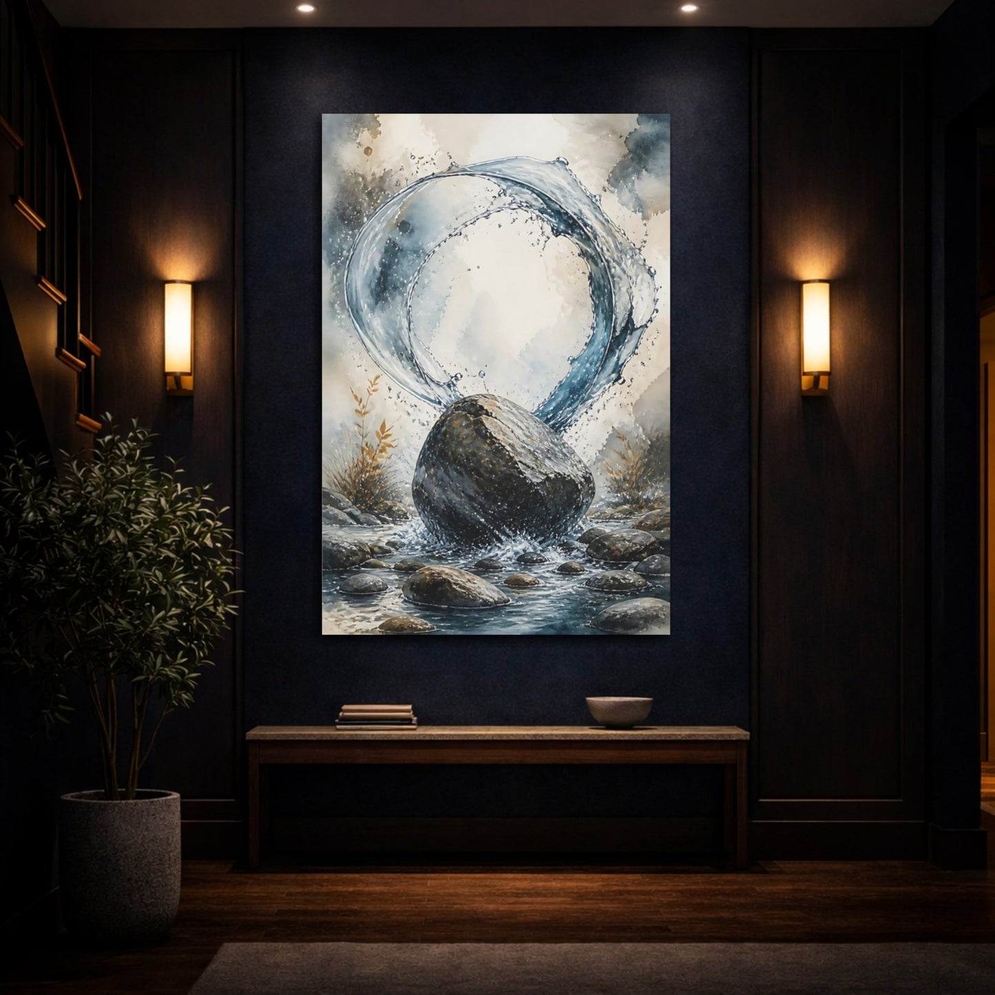 Nature Rock And Water Splash Canvas Wall Art Print – Watercolor Living Room, Above Sofa - YesArtYes
