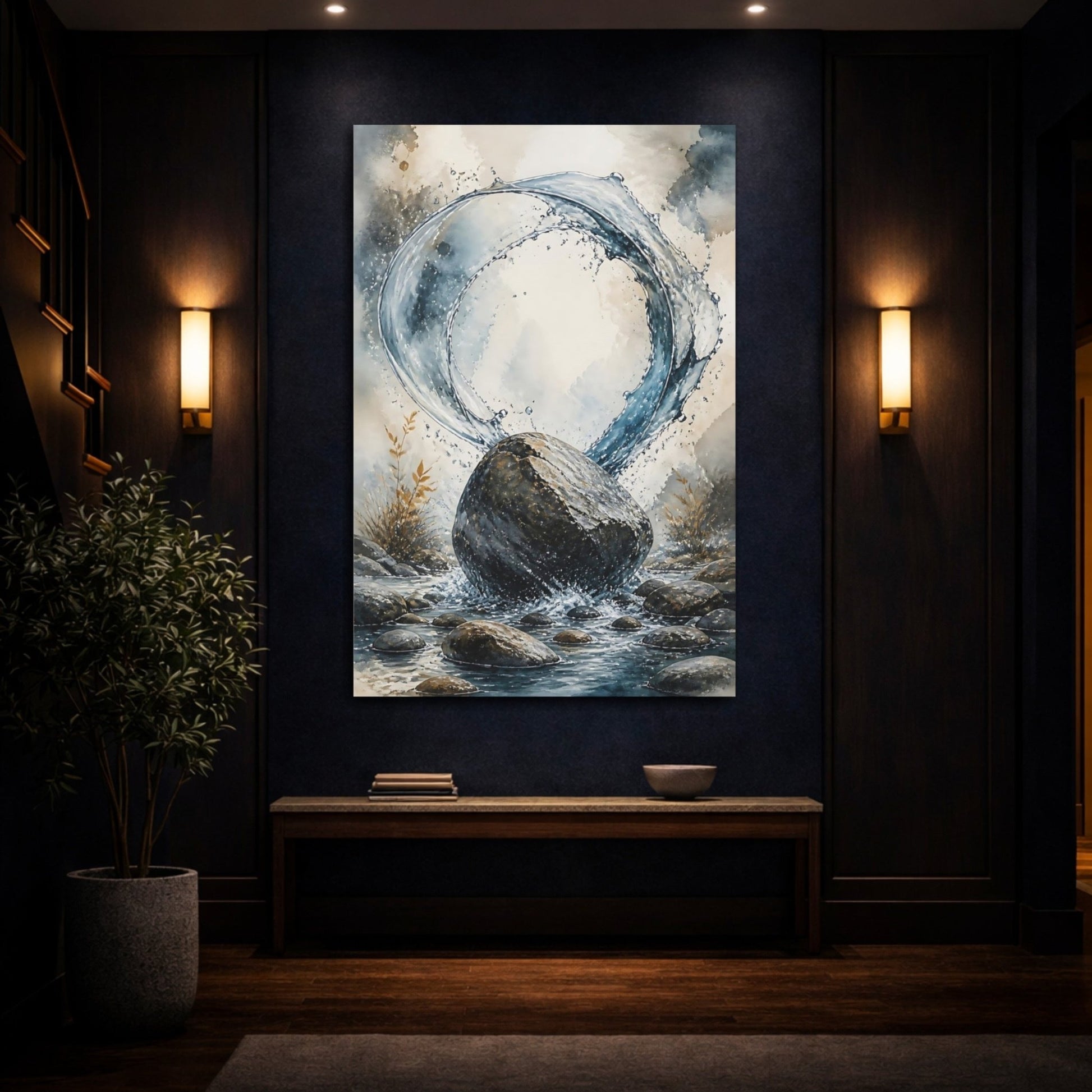 Nature Rock And Water Splash Canvas Wall Art Print – Watercolor Living Room, Above Sofa - YesArtYes